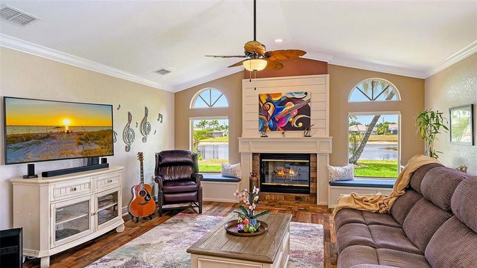 Fireplace, Interior, Living room, Recessed Lighting, Wood Texture Flooring