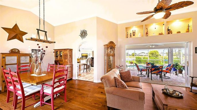 Dining room, Interior, Living room, Pendant Lights, Wood Texture Flooring
