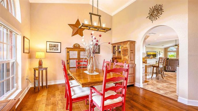 Dining room, Interior, Pendant Lights, Recessed Lighting, Wood Texture Flooring