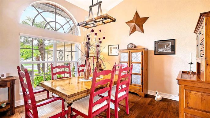 Dining room, Interior, Pendant Lights, Wood Texture Flooring