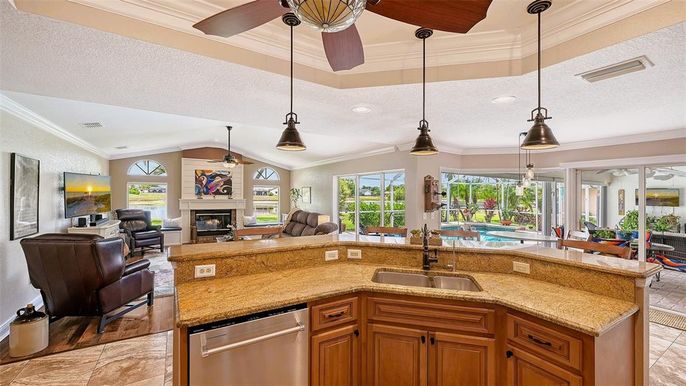 Fireplace, Interior, Kitchen, Living room, Pendant Lights, Recessed Lighting