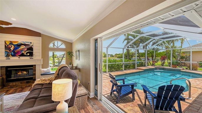 Fireplace, Glass Ceilings, Interior, Pool, Recessed Lighting, Sun Room