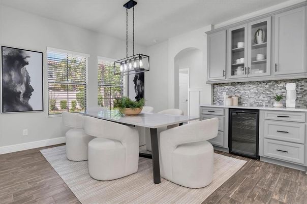 Dining room, Interior, Pendant Lights, Wood Texture Flooring