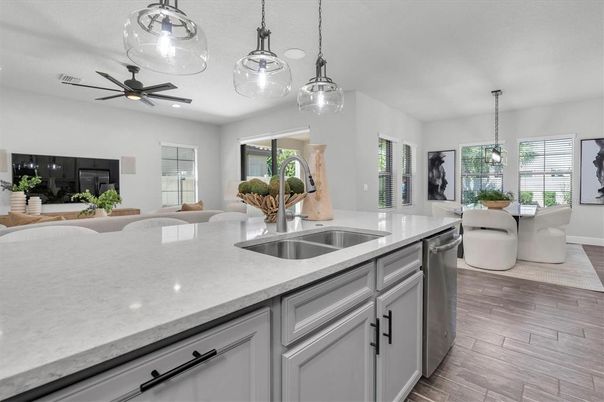 Dining room, Interior, Kitchen, Living room, Pendant Lights, Recessed Lighting, Wood Texture Flooring
