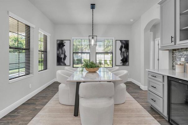Dining room, Interior, Pendant Lights, Wood Texture Flooring