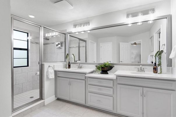 Bathroom, Dual Sink Vanities, Glass Shower, Interior, Recessed Lighting