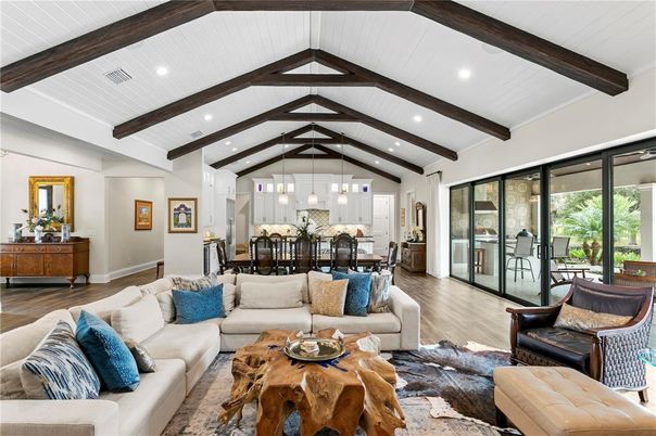 Dining room, Interior, Kitchen, Living room, Pendant Lights, Recessed Lighting, Wooden Beams, Wood Texture Flooring