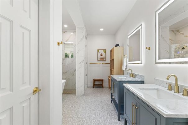 Bathroom, Dual Sink Vanities, Interior, Marble Walls, Recessed Lighting