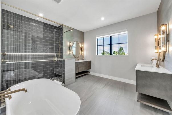 Bathroom, Dual Sink Vanities, Free Standing Baths, Glass Shower, Interior, Recessed Lighting
