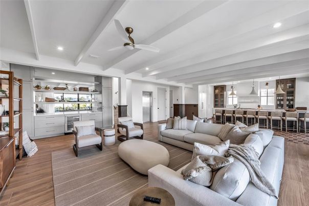 Dining room, Interior, Living room, Pendant Lights, Recessed Lighting, Wood Texture Flooring