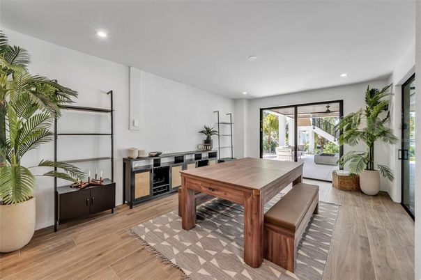Dining room, Interior, Recessed Lighting, Wood Texture Flooring