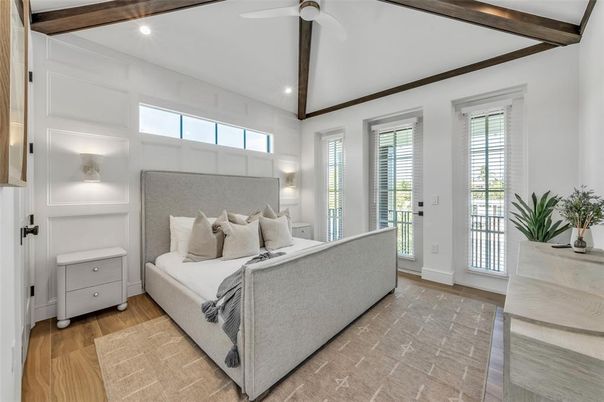 Bedroom, Interior, Recessed Lighting, Wooden Beams, Wood Texture Flooring