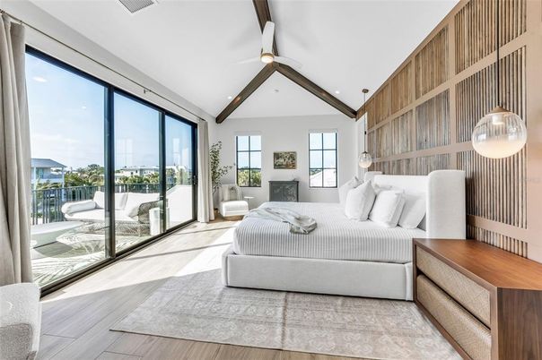 Bedroom, Fireplace, Interior, Living room, Pendant Lights, Recessed Lighting, Wood Texture Flooring