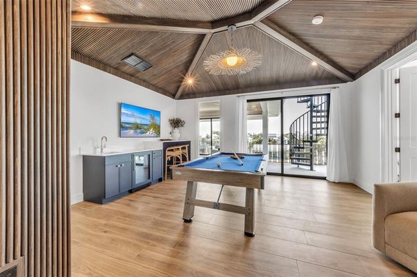 Billiard Table, Fireplace, Game Room, Interior, Pendant Lights, Wooden Ceilings, Wood Texture Flooring