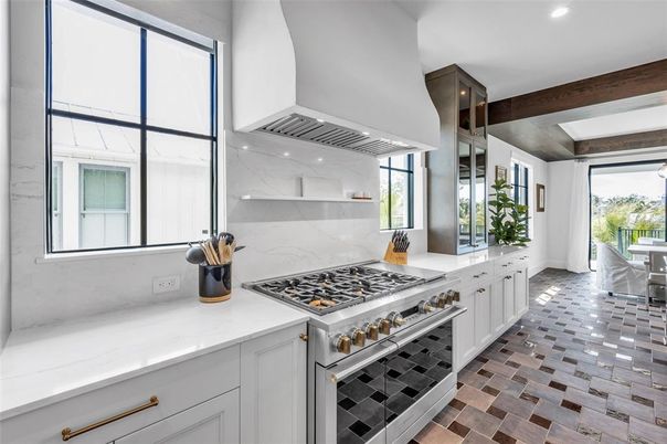 Interior, Kitchen, Marble Walls, Recessed Lighting, Stainless Steel Appliances, Wooden Beams