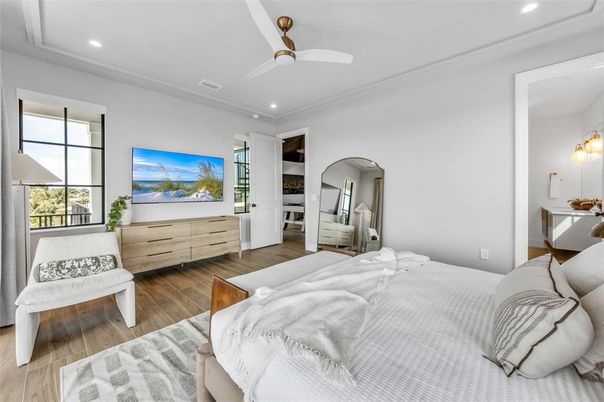 Bedroom, Interior, Recessed Lighting, Wood Texture Flooring