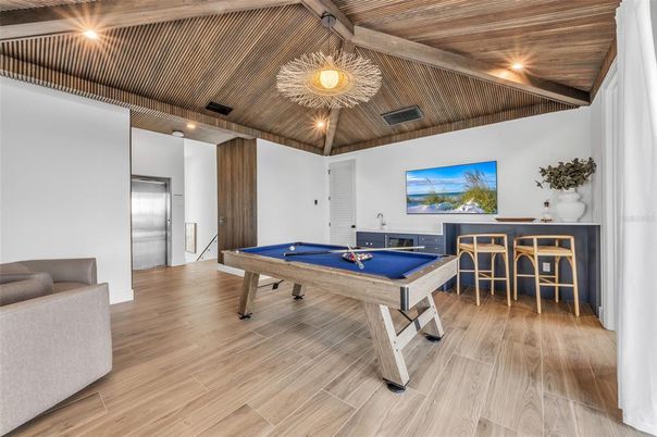 Billiard Table, Game Room, Interior, Recessed Lighting, Wooden Ceilings, Wood Texture Flooring