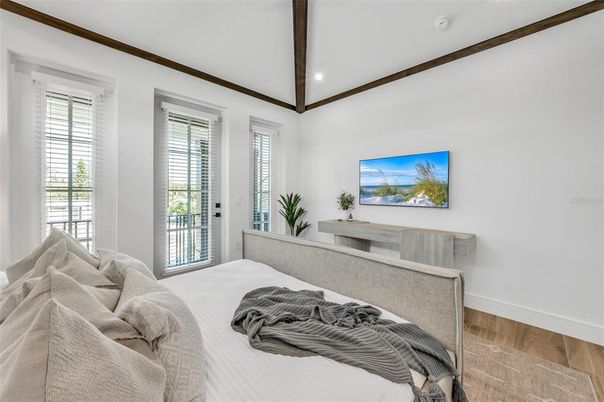 Bedroom, Interior, Recessed Lighting, Wooden Beams, Wood Texture Flooring