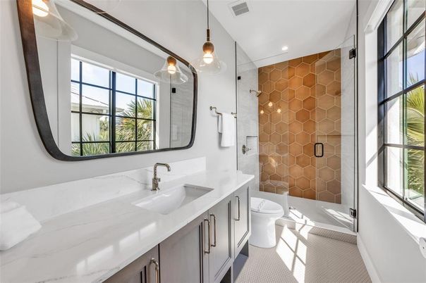 Bathroom, Dual Sink Vanities, Glass Shower, Interior, Pendant Lights, Recessed Lighting
