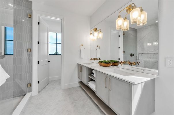 Bathroom, Dual Sink Vanities, Glass Shower, Interior, Marble, Marble Walls