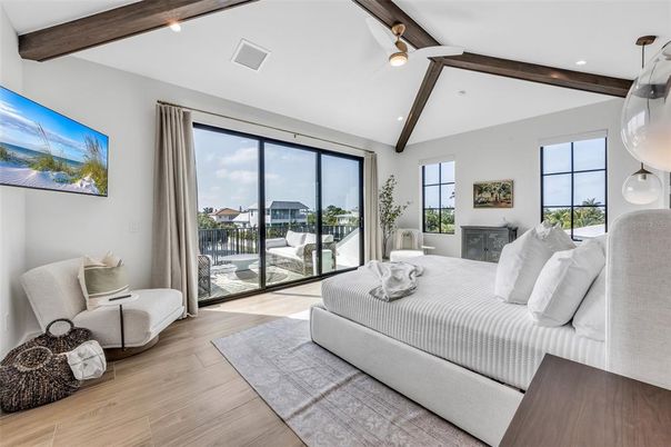 Bedroom, Fireplace, Interior, Recessed Lighting, Wooden Beams, Wood Texture Flooring