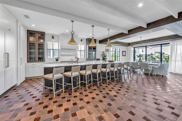 Dining room, Interior, Kitchen, Pendant Lights, Recessed Lighting, Wooden Beams