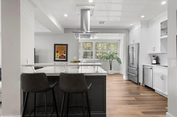 Interior, Kitchen, Recessed Lighting, Stainless Steel Appliances, Wood Texture Flooring
