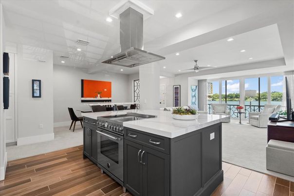 Dining room, Interior, Kitchen, Living room, Recessed Lighting, Wood Texture Flooring