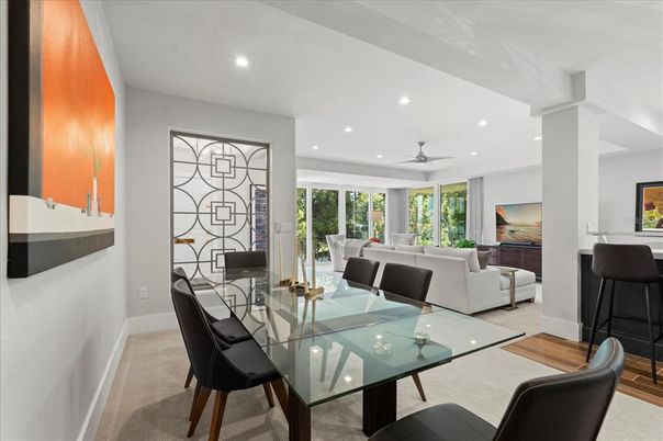 Dining room, Interior, Living room, Recessed Lighting, Wood Texture Flooring