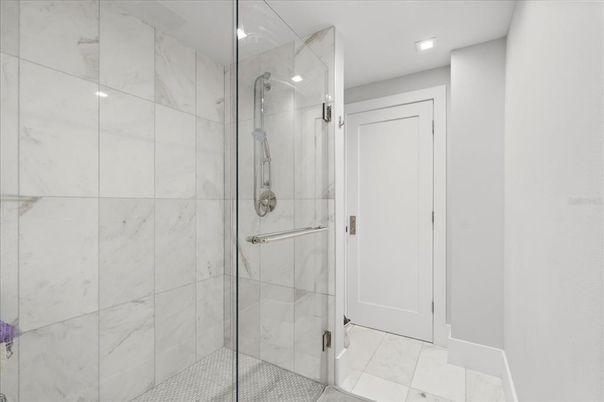 Bathroom, Glass Shower, Interior, Marble Walls, Recessed Lighting