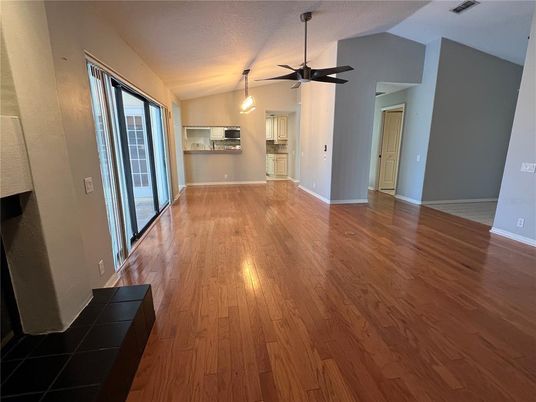 Empty room, Interior, Kitchen, Pendant Lights, Wood Texture Flooring