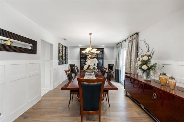 Dining room, Interior, Recessed Lighting, Wood Texture Flooring