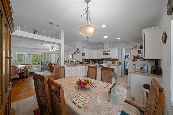 Dining room, Interior, Kitchen, Living room, Pendant Lights, Recessed Lighting, Wood Texture Flooring