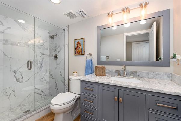 Bathroom, Glass Shower, Interior, Marble Walls, Recessed Lighting