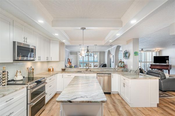 Interior, Kitchen, Pendant Lights, Recessed Lighting, Stainless Steel Appliances, Wood Texture Flooring