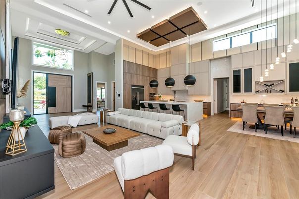 Dining room, Interior, Kitchen, Living room, Pendant Lights, Recessed Lighting, Wood Texture Flooring