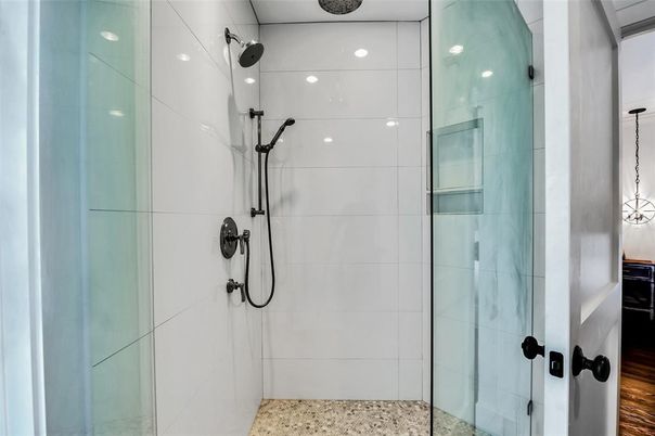 Bathroom, Glass Shower, Interior, Wood Texture Flooring
