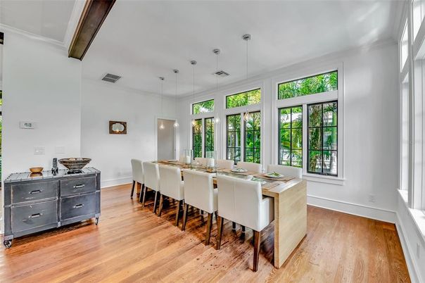 Dining room, Interior, Pendant Lights, Wood Texture Flooring