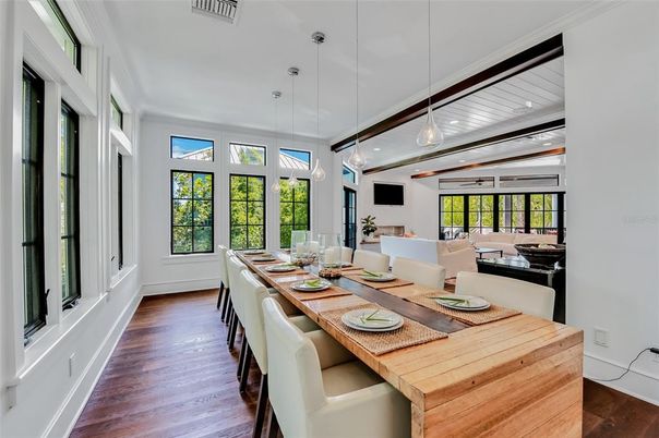 Dining room, Interior, Living room, Pendant Lights, Wood Texture Flooring