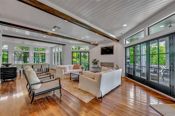 Interior, Living room, Recessed Lighting, Wooden Beams, Wood Texture Flooring