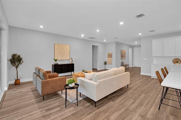 Fireplace, Interior, Living room, Recessed Lighting, Wood Texture Flooring