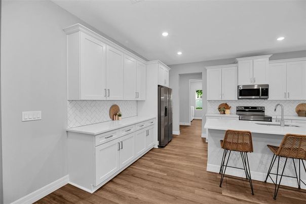Interior, Kitchen, Recessed Lighting, Stainless Steel Appliances, Wood Texture Flooring