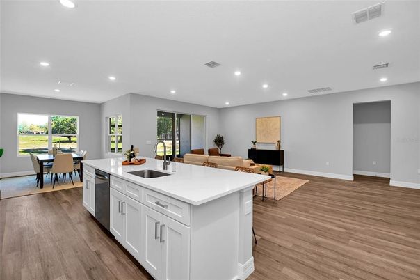 Dining room, Interior, Kitchen, Living room, Recessed Lighting, Wood Texture Flooring