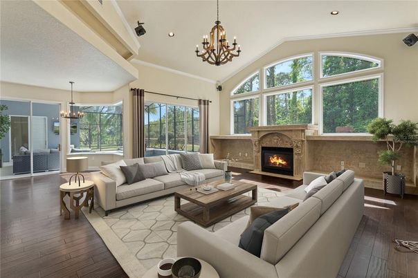 Chandelier, Dining room, Fireplace, Interior, Living room, Recessed Lighting, Wood Texture Flooring