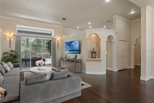 Interior, Living room, Recessed Lighting, Wood Texture Flooring
