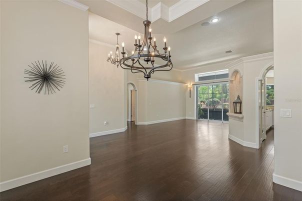 Chandelier, Empty room, Interior, Recessed Lighting, Wood Texture Flooring