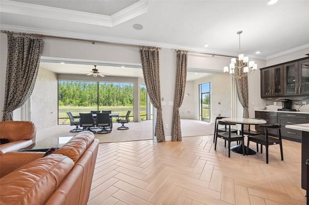 Chandelier, Dining room, Interior, Living room, Recessed Lighting, Wood Texture Flooring