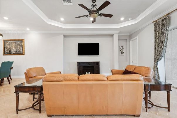 Fireplace, Interior, Living room, Recessed Lighting, Wood Texture Flooring