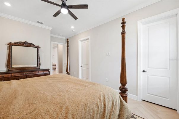 Bedroom, Interior, Recessed Lighting, Wood Texture Flooring