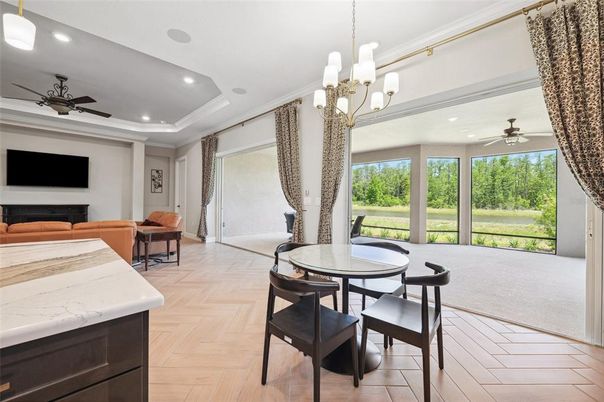 Chandelier, Dining room, Interior, Living room, Recessed Lighting, Wood Texture Flooring